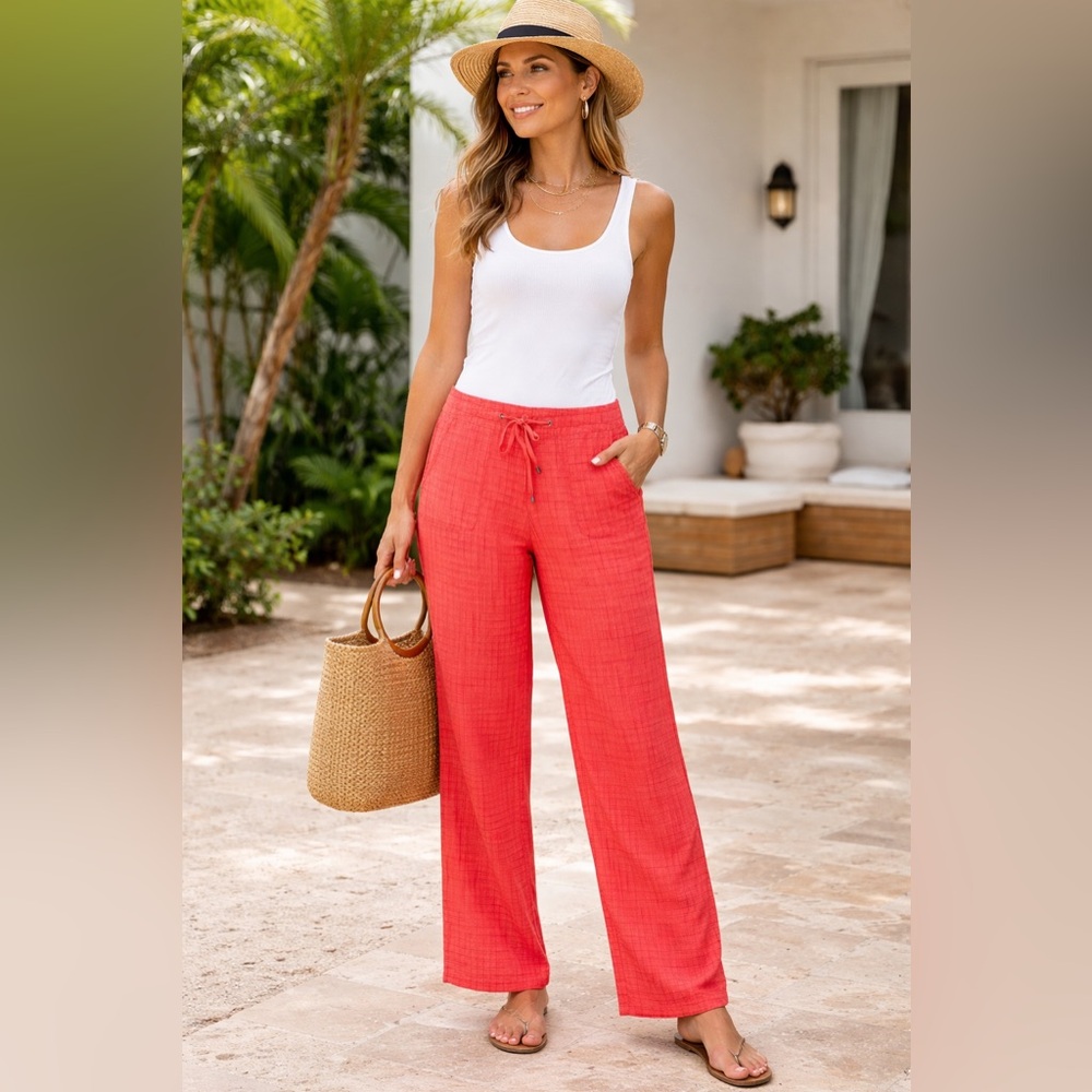 Tommy Bahama Linen Bend  Drawstring Wide Leg Lounge Pants Striped Coral Size 8